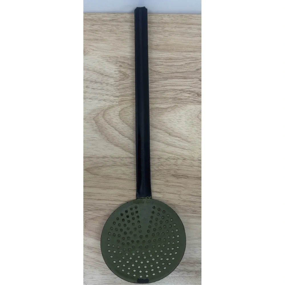 Vintage Hanging Enamelware Strainer Spoon Green & Black MCM Made in Poland #29‎